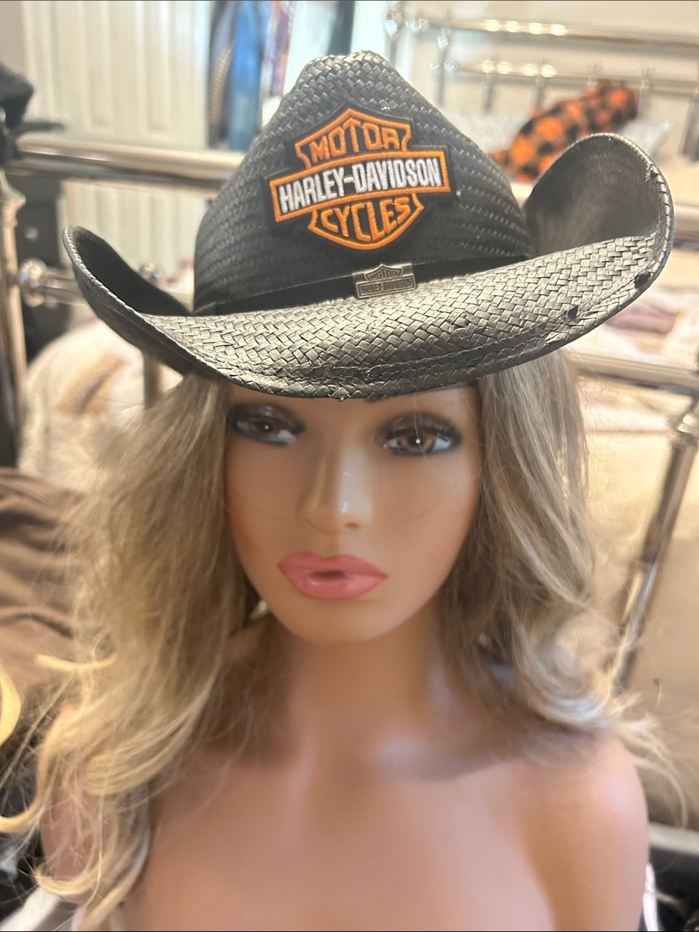Rare Harley-Davidson Black Woven Cowgirl Hat with Silver Emblemu free hair tie